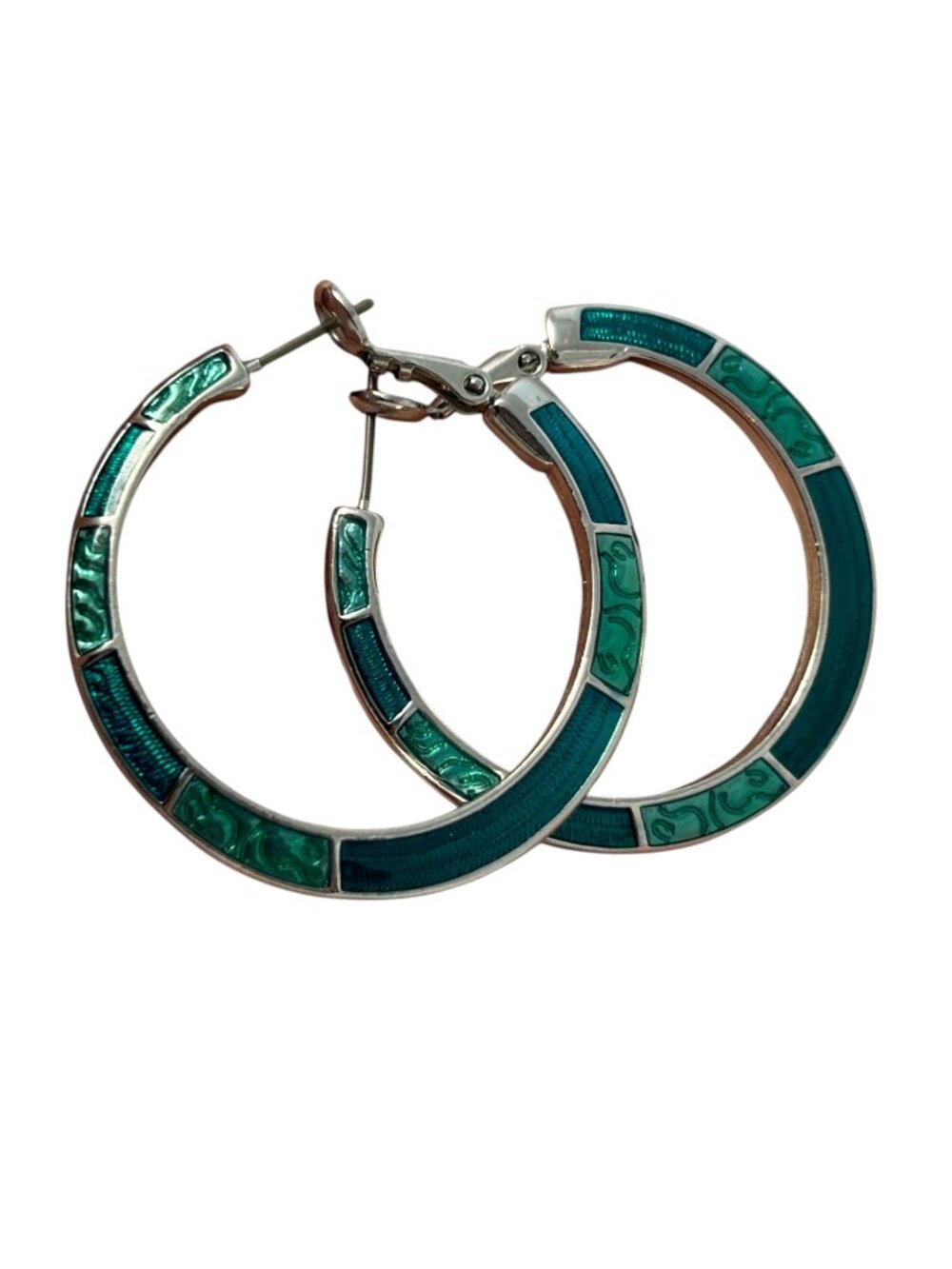 Teal Green Enamel Large Hoop Earrings Silver Tone Geometric Statement Pierced